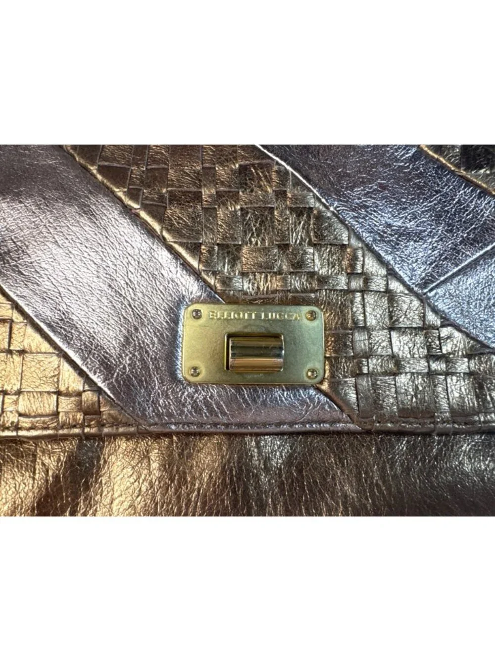 Elliott Lucca Metallic Bronze Woven Leather Chain Clutch Crossbody Bag 11